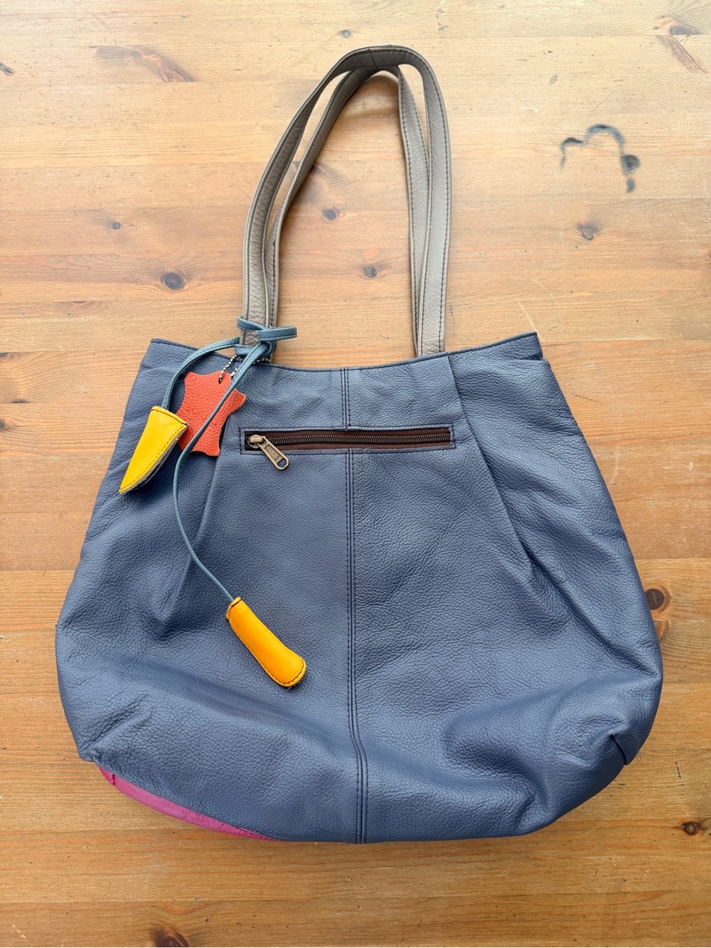 Soruka Celine Blue & Pink tote bag upcycled leather colorful decorative tassels